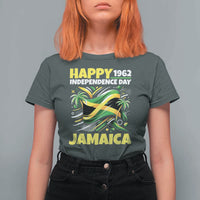 Happy Jamaican Independence Day 1962 Graphic T Shirt For Women Jamaica Waving Flag and Palm Trees Caribbean Pride