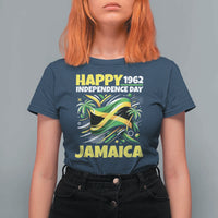 Happy Jamaican Independence Day 1962 Graphic T Shirt For Women Jamaica Waving Flag and Palm Trees Caribbean Pride