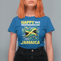 Happy Jamaican Independence Day 1962 Graphic T Shirt For Women Jamaica Waving Flag and Palm Trees Caribbean Pride