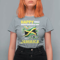 Happy Jamaican Independence Day 1962 Graphic T Shirt For Women Jamaica Waving Flag and Palm Trees Caribbean Pride