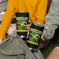 Happy Jamaican Independence Day 1962 Graphic Tumbler Cup Jamaica Waving Flag and Palm Trees Caribbean Pride