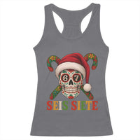 Seis Siete Christmas Meme Racerback Tank Top Sugar Skull 67 Santa Hat Candy Canes - Wonder Print Shop