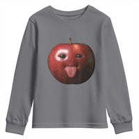 Cute Freaky Apple with Tongue Out Youth Sweatshirt Funny Goofy AI Fruit Meme - Wonder Print Shop
