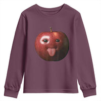 Cute Freaky Apple with Tongue Out Youth Sweatshirt Funny Goofy AI Fruit Meme - Wonder Print Shop