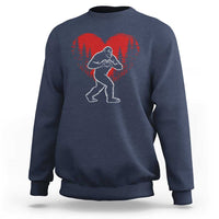 Funny Valentine Bigfoot in Love Heart Hand Sign Sweatshirt Romantic Sasquatch in Forest Valentines Day