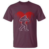 Funny Valentine Bigfoot in Love Heart Hand Sign T Shirt Romantic Sasquatch in Forest Valentines Day