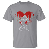 Funny Valentine Bigfoot in Love Heart Hand Sign T Shirt Romantic Sasquatch in Forest Valentines Day