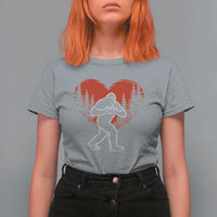 Funny Valentine Bigfoot in Love Heart Hand Sign T Shirt For Women Romantic Sasquatch in Forest Valentines Day