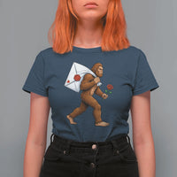 Funny Valentine Bigfoot with Heart Sack Bag T Shirt For Women Romantic Sasquatch Love Letter Valentines Day