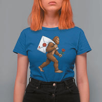 Funny Valentine Bigfoot with Heart Sack Bag T Shirt For Women Romantic Sasquatch Love Letter Valentines Day