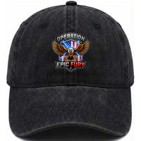 Operation Epic Fury Patriotic Bald Eagle Washed Cotton Baseball Cap American Flag Shield Graphic Freedom Pride