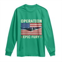 Operation Epic Fury Stealth Bomber American Flag Long Sleeve Shirt Powerful B2 Spirit USA Military Pride