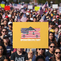 Operation Epic Fury Fighter Jet Formation American Flag Protest Sign B12 Spirit USA Strength and Freedom