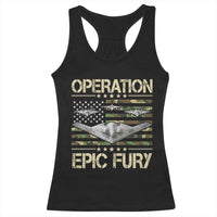Operation Epic Fury Camo American Flag Racerback Tank Top B12 Spirit Stealth Bomber Formation Patriotic Air Power