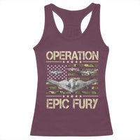 Operation Epic Fury Camo American Flag Racerback Tank Top B12 Spirit Stealth Bomber Formation Patriotic Air Power
