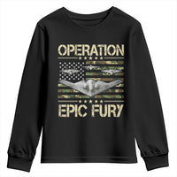 Operation Epic Fury Camo American Flag Youth Sweatshirt B12 Spirit Stealth Bomber Formation Patriotic Air Power