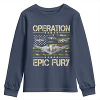 Operation Epic Fury Camo American Flag Youth Sweatshirt B12 Spirit Stealth Bomber Formation Patriotic Air Power