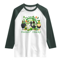 Funny St Patricks Day Chicken Shamrock Raglan Shirt Feelin Clucky Hen Lucky Clover Pun Irish Humor