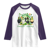Funny St Patricks Day Chicken Shamrock Raglan Shirt Feelin Clucky Hen Lucky Clover Pun Irish Humor