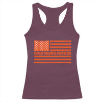 Unpaid Peaceful Protester Orange Distressed American Flag Racerback Tank Top Satirical Political Graphic