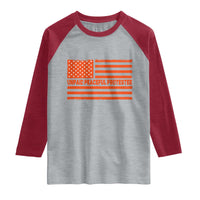 Unpaid Peaceful Protester Orange Distressed American Flag Raglan Shirt Satirical Political Graphic