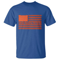 Unpaid Peaceful Protester Orange Distressed American Flag T Shirt Satirical Political Graphic