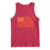 Unpaid Peaceful Protester Orange Distressed American Flag Tank Top Satirical Political Graphic