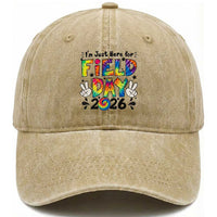 I'm Just Here for Field Day 2026 Washed Cotton Baseball Cap Groovy School Retro Tie Dye Effect Printing