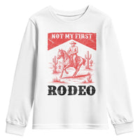 Not My First Rodeo Vintage Cowboy Graphic Youth Sweatshirt Retro Western Desert Scene with Horse and Cactus