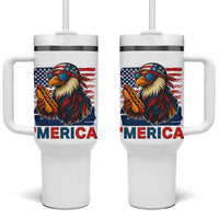 Funny American Eagle Eating Hot Dog Tumbler With Handle 4th Of July Party Patriotic USA Flag - Wonder Print Shop