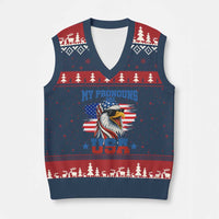My Pronouns Are USA V-Neck Knit Sweater Vest Bold Patriotic Eagle with American Flag Bandana Mullet - Wonder Print Shop