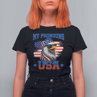 My Pronouns Are USA T Shirt For Women Bold Patriotic Eagle with American Flag Bandana Mullet - Wonder Print Shop