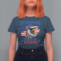 My Pronouns Are USA T Shirt For Women Bold Patriotic Eagle with American Flag Bandana Mullet - Wonder Print Shop