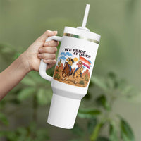 We Pride at Dawn Lesbian Cowgirl Tumbler With Handle Country Western Retro Graphic Pride Month