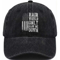 Funny Bald Pride Hair Would Only Slow Me Down Washed Cotton Baseball Cap Distressed Patriotic US Flag Bald Men Joke