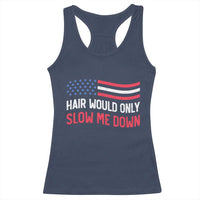 Hair Would Only Slow Me Down Retro Groovy Racerback Tank Top Patriotic Waving Flag Comedic Bald Pride