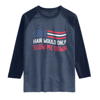 Hair Would Only Slow Me Down Retro Groovy Raglan Shirt Patriotic Waving Flag Comedic Bald Pride