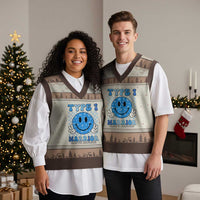 Diabetes Awareness V-Neck Knit Sweater Vest Blue Ribbon T1D Warrior Support Squad Retro Groovy - Wonder Print Shop