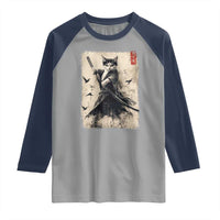 Samurai Cat Graphic Raglan Shirt Warrior Vintage Japanese Art Anime - Wonder Print Shop