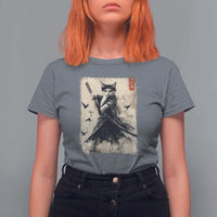 Samurai Cat Graphic T Shirt For Women Warrior Vintage Japanese Art Anime - Wonder Print Shop