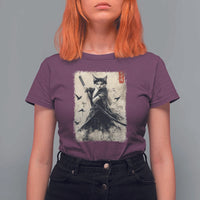 Samurai Cat Graphic T Shirt For Women Warrior Vintage Japanese Art Anime - Wonder Print Shop