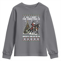 Funny Western Christmas Cowboy Santa Youth Sweatshirt All I Want for Christmas Is Biscuits and Ho Ho Ho - Wonder Print Shop