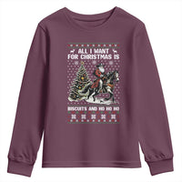 Funny Western Christmas Cowboy Santa Youth Sweatshirt All I Want for Christmas Is Biscuits and Ho Ho Ho - Wonder Print Shop