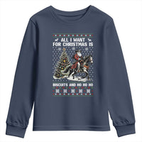 Funny Western Christmas Cowboy Santa Youth Sweatshirt All I Want for Christmas Is Biscuits and Ho Ho Ho - Wonder Print Shop