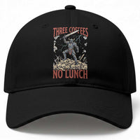 Funny Coffee Lover Fantasy Knight Graphic Baseball Cap Three Coffees No Lunch Work Humor Dark Fantasy Parody
