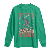 Funny Coffee Lover Fantasy Knight Graphic Long Sleeve Shirt Three Coffees No Lunch Work Humor Dark Fantasy Parody