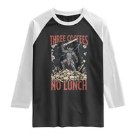 Funny Coffee Lover Fantasy Knight Graphic Raglan Shirt Three Coffees No Lunch Work Humor Dark Fantasy Parody