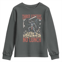 Funny Coffee Lover Fantasy Knight Graphic Youth Sweatshirt Three Coffees No Lunch Work Humor Dark Fantasy Parody