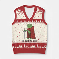Funny Medieval Frog Knight Fantasy Sword Meme V-Neck Knit Sweater Vest Im Burnt Out Mlord Fantasy Meme