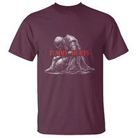 Funny Tummy Hurts Knight Graphic T Shirt Warrior Medieval Sarcastic Dark Fantasy Slumped Renaissance Meme